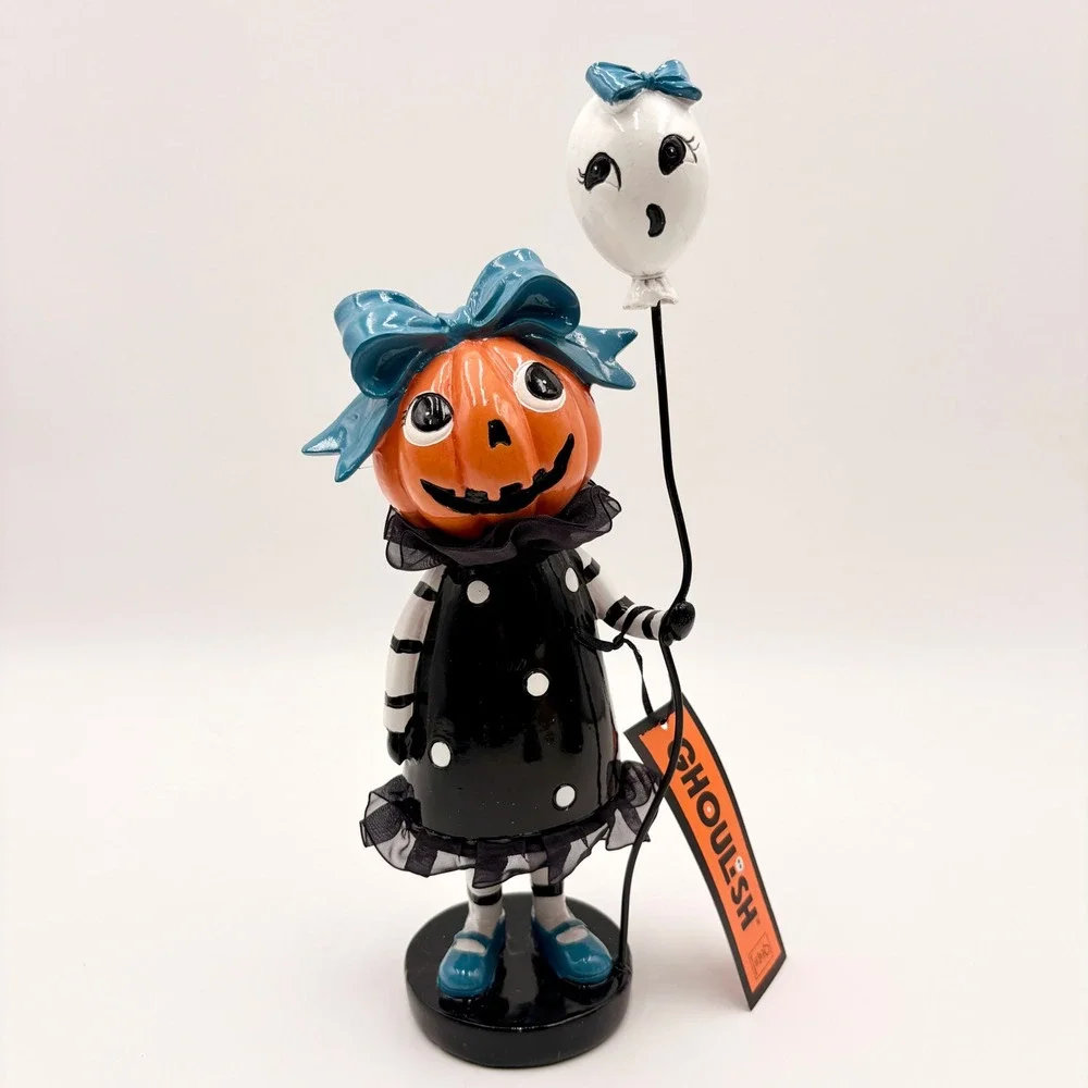 Ghoulish Pumpkin Girl Figurine with Ghost Balloon Halloween Decor Teal Bows